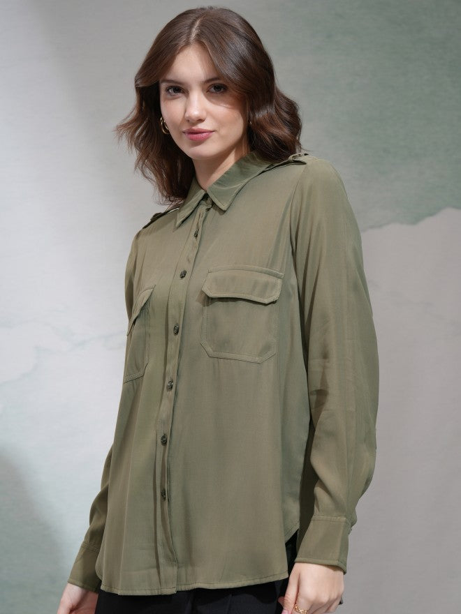 Tokyo Talkies Women Olive Solid Casual Shirt - Olive - Image 4