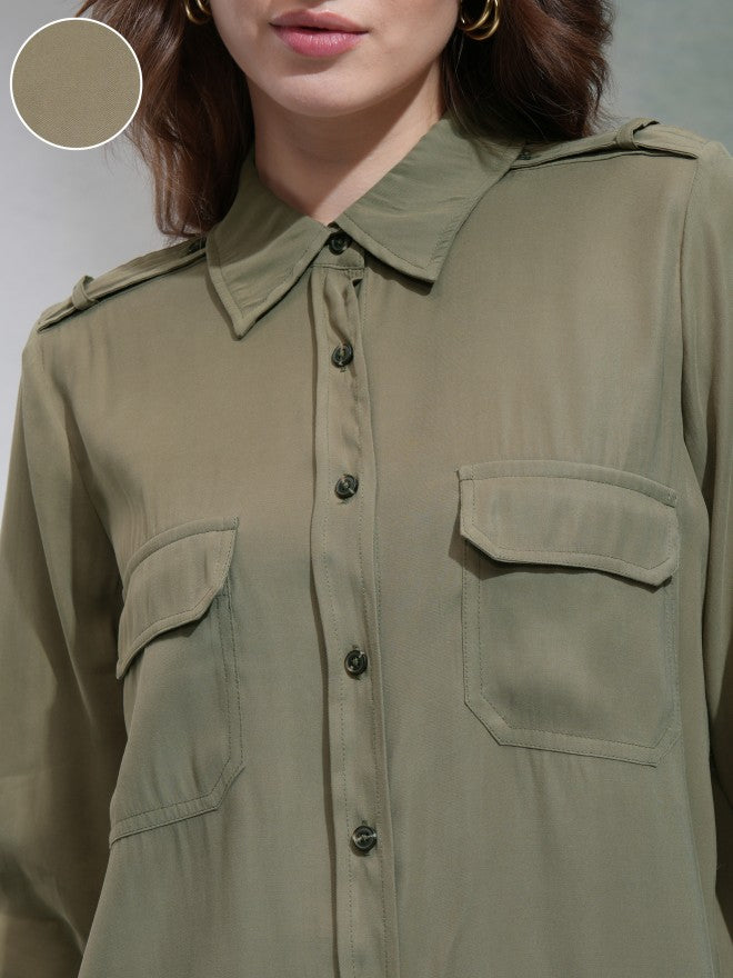 Tokyo Talkies Women Olive Solid Casual Shirt - Olive - Image 5
