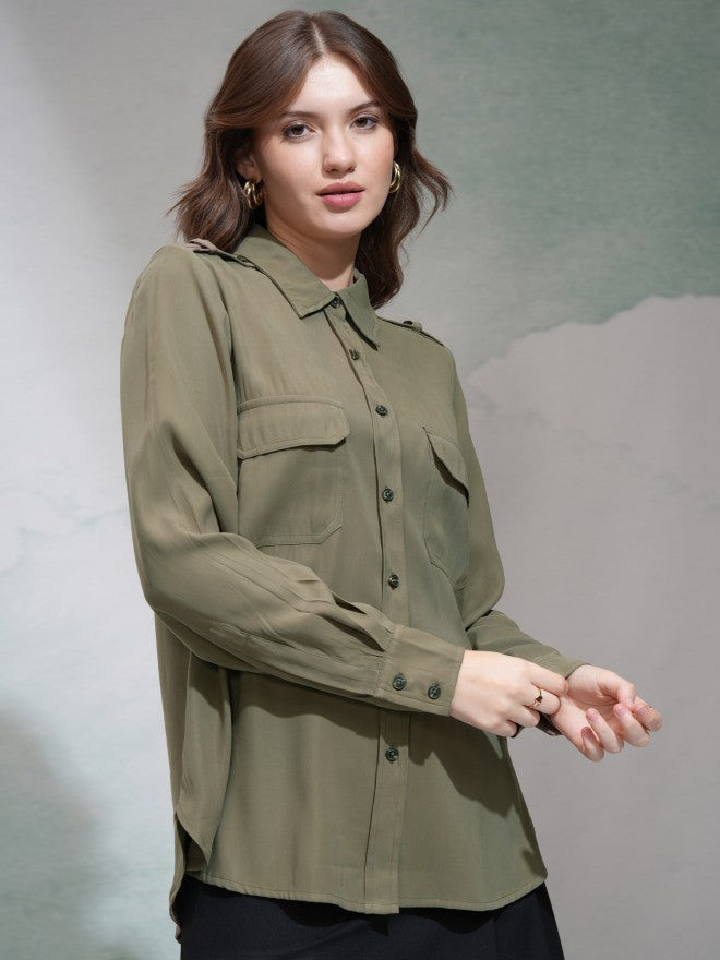 Tokyo Talkies Women Olive Solid Casual Shirt - Olive - Image 6