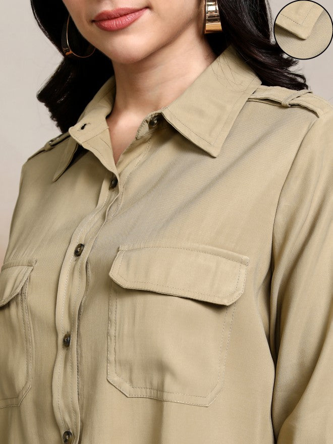 Tokyo Talkies Women Beige Solid Casual Shirt - Beige - Image 5
