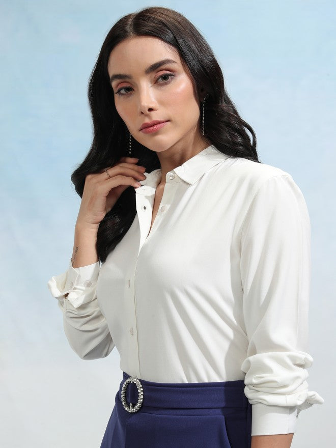 Tokyo Talkies Women Off White Solid Casual Shirt - Off White - Image 4