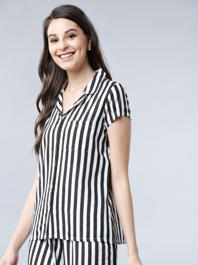 Tokyo Talkies Women Black Striped Casual Shirt - Black - Image 1