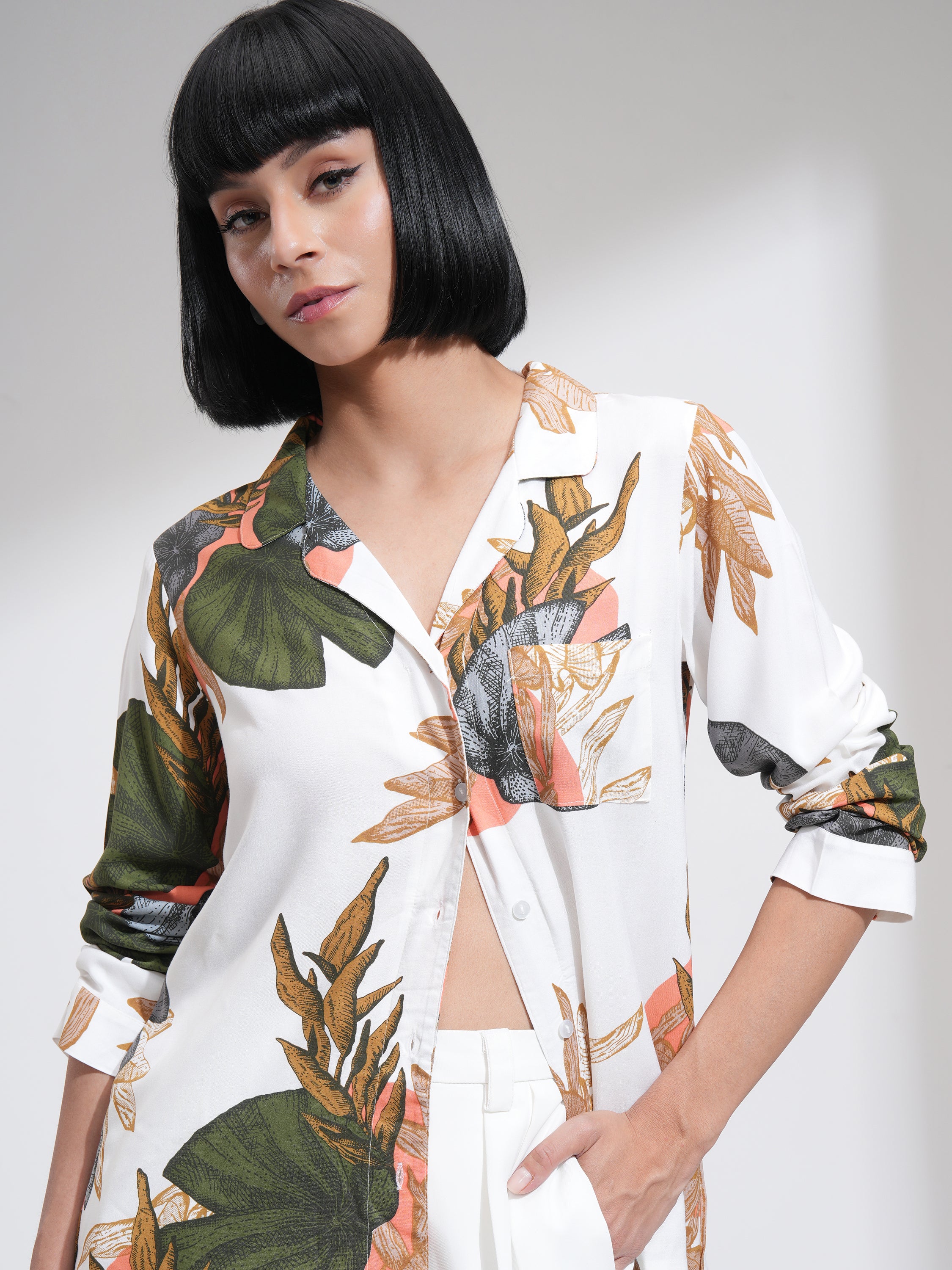 Tokyo Talkies Women Beige Printed Casual Shirt - Beige - Image 1