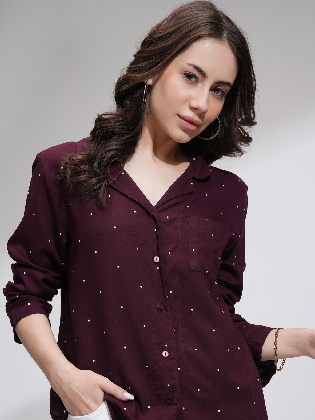Tokyo Talkies Women Burgundy Printed Casual Shirt - Burgundy - Image 1