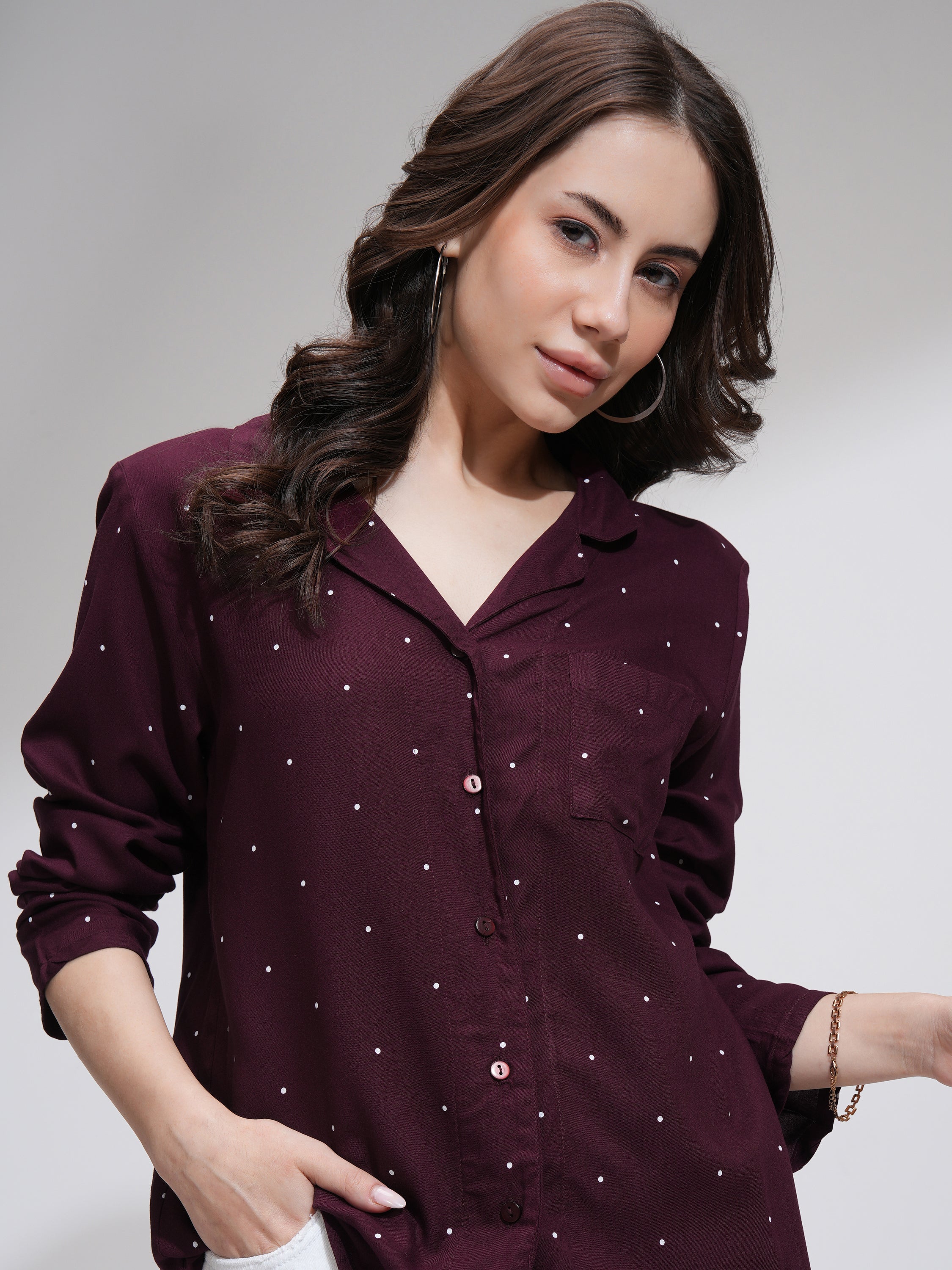 Tokyo Talkies Women Burgundy Printed Casual Shirt - Burgundy - Image 1