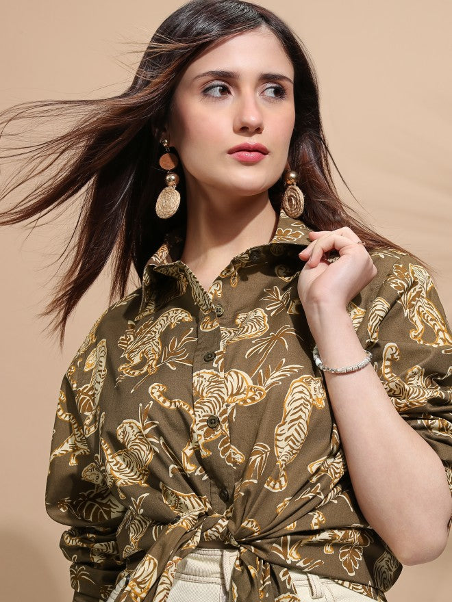 Tokyo Talkies Women Brown Printed Casual Shirt - Brown - Image 1