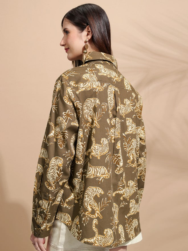 Tokyo Talkies Women Brown Printed Casual Shirt - Brown - Image 3