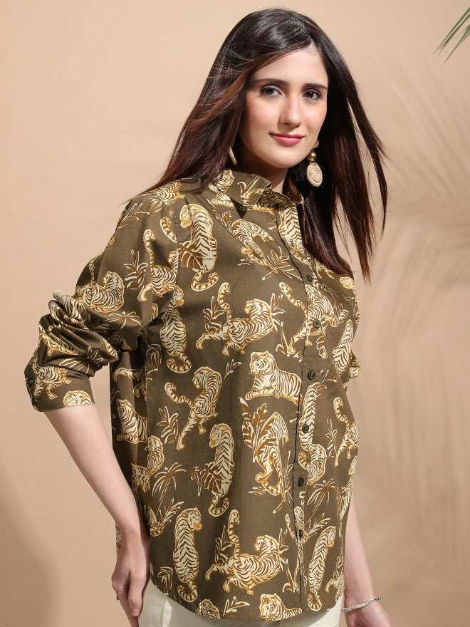 Tokyo Talkies Women Brown Printed Casual Shirt - Brown - Image 6
