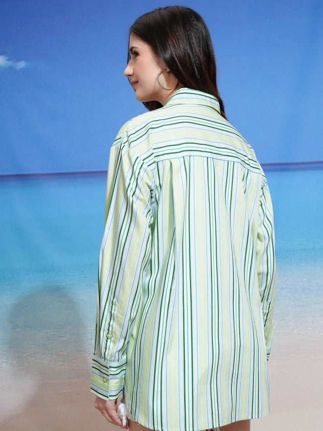 Tokyo Talkies Women Green Striped Casual Shirt - Green - Image 3