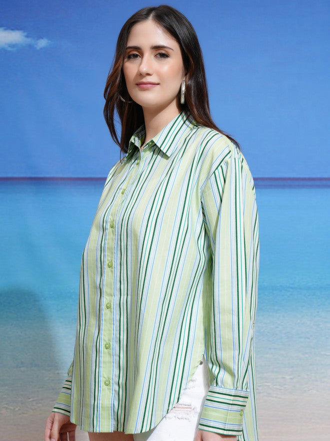 Tokyo Talkies Women Green Striped Casual Shirt - Green - Image 4