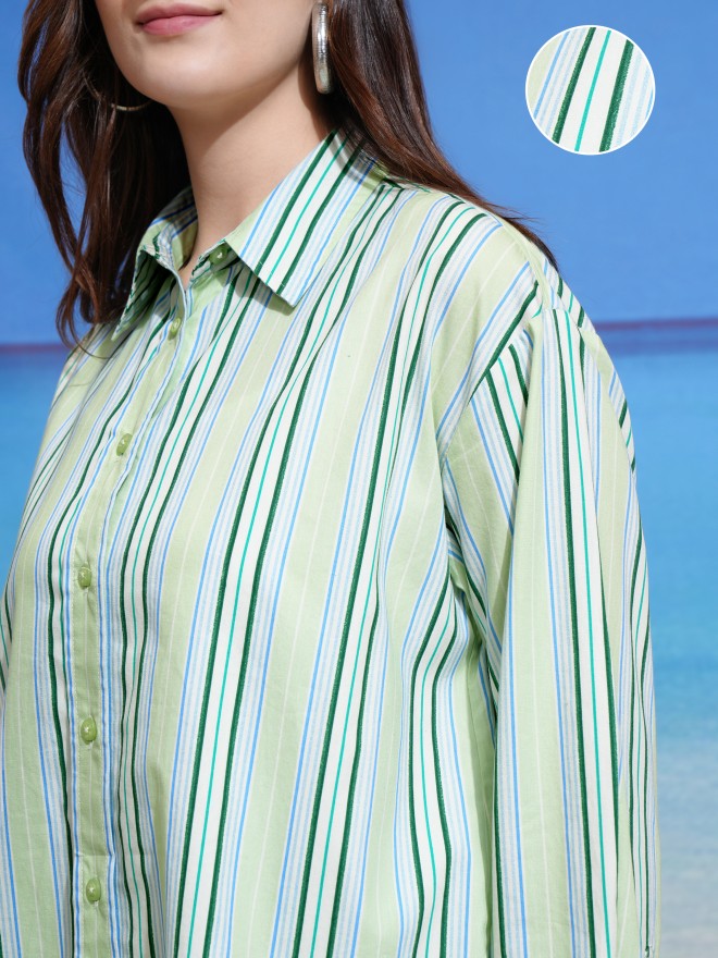 Tokyo Talkies Women Green Striped Casual Shirt - Green - Image 5