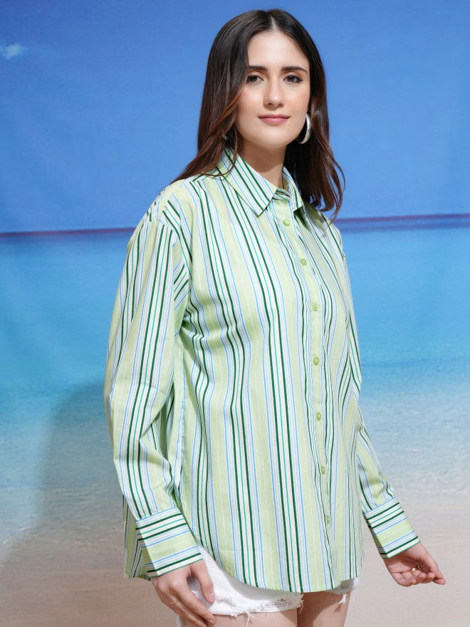 Tokyo Talkies Women Green Striped Casual Shirt - Green - Image 6
