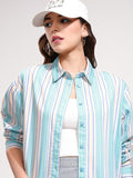 Tokyo Talkies Women Blue Striped Oversized Fit Casual Shirt - Blue - Image 1