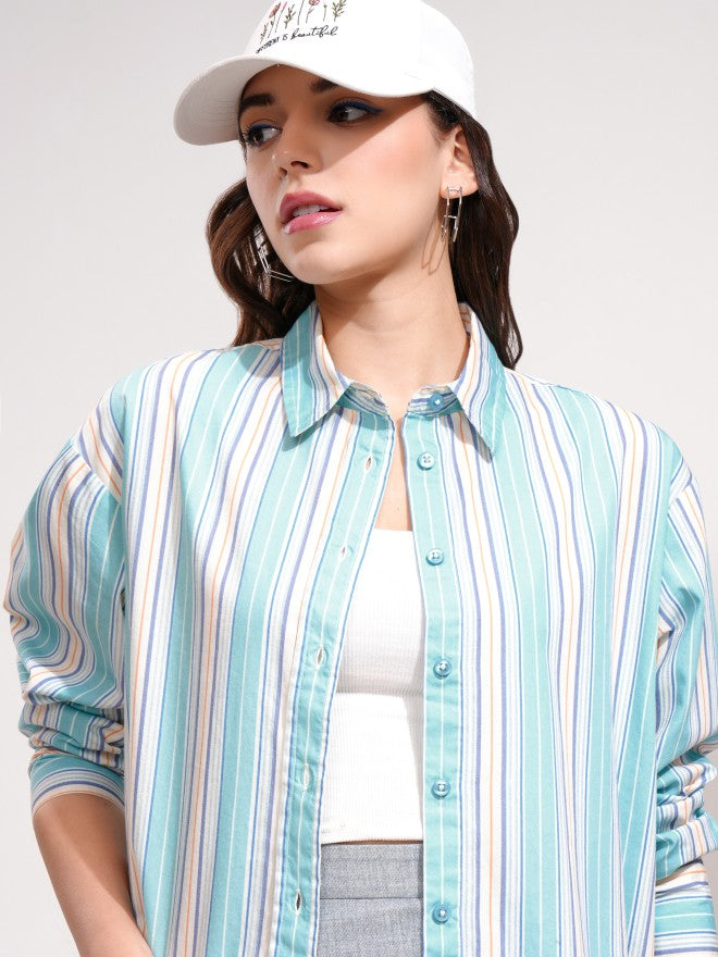 Tokyo Talkies Women Blue Striped Oversized Fit Casual Shirt - Blue - Image 1