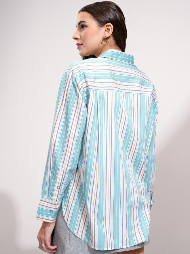 Tokyo Talkies Women Blue Striped Oversized Fit Casual Shirt - Blue - Image 3