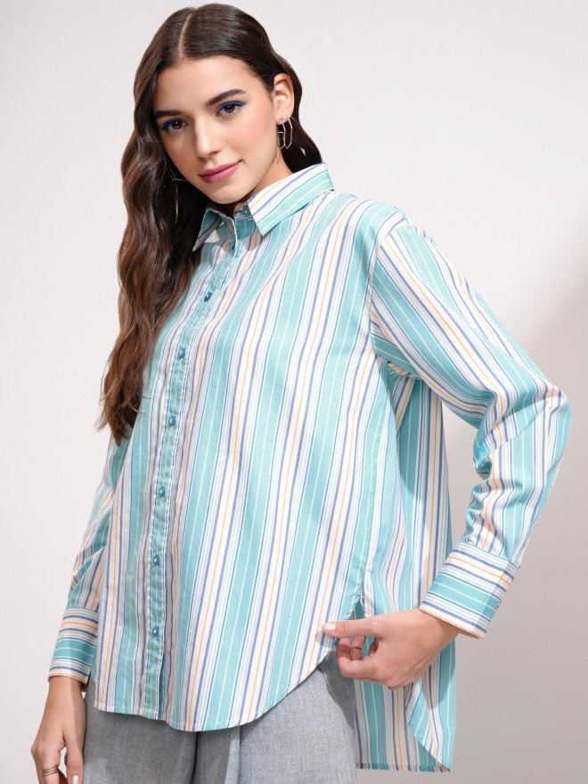 Tokyo Talkies Women Blue Striped Oversized Fit Casual Shirt - Blue - Image 4