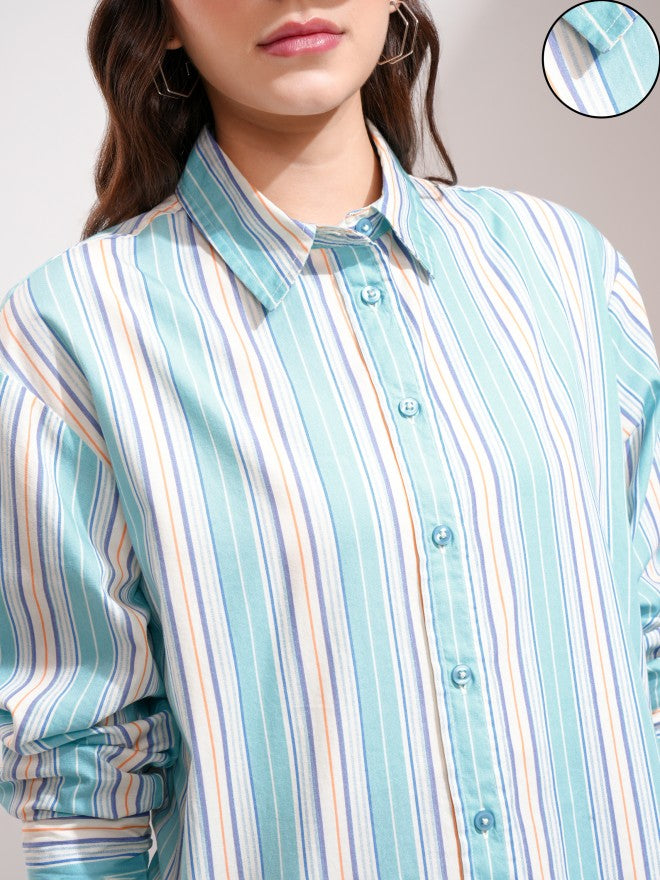 Tokyo Talkies Women Blue Striped Oversized Fit Casual Shirt - Blue - Image 5