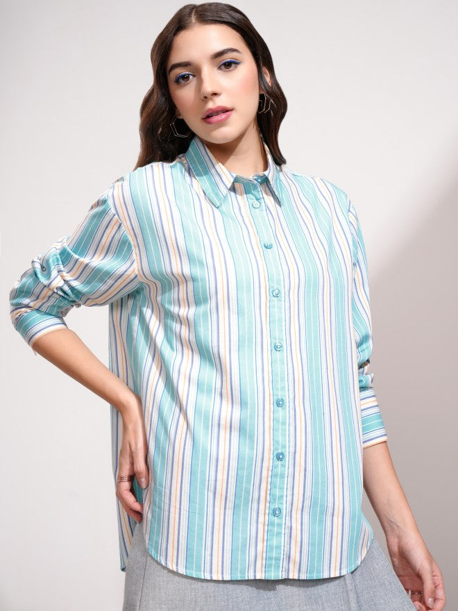 Tokyo Talkies Women Blue Striped Oversized Fit Casual Shirt - Blue - Image 6