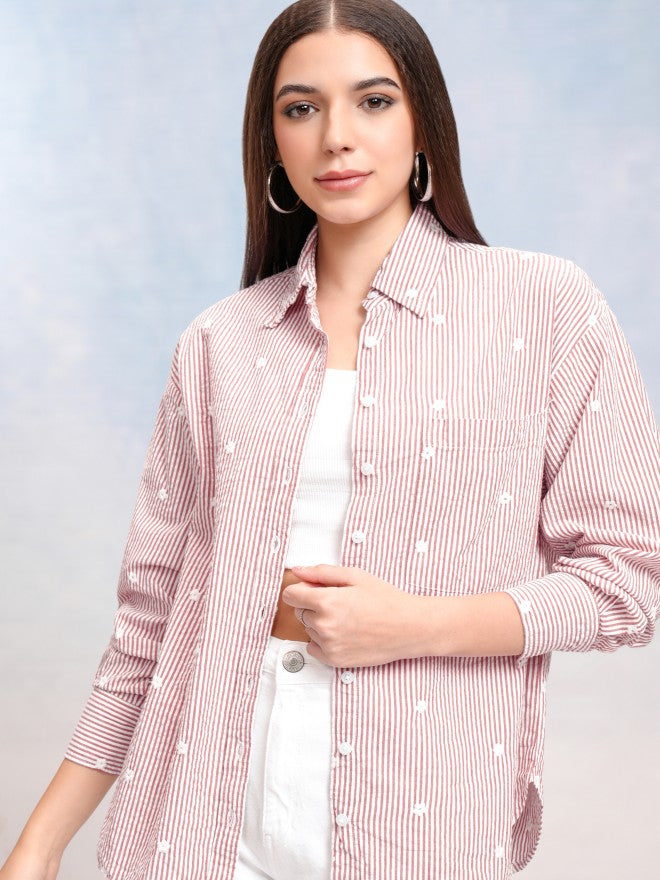 Tokyo Talkies Women Red Striped Oversized Fit Casual Shirt - Red - Image 1
