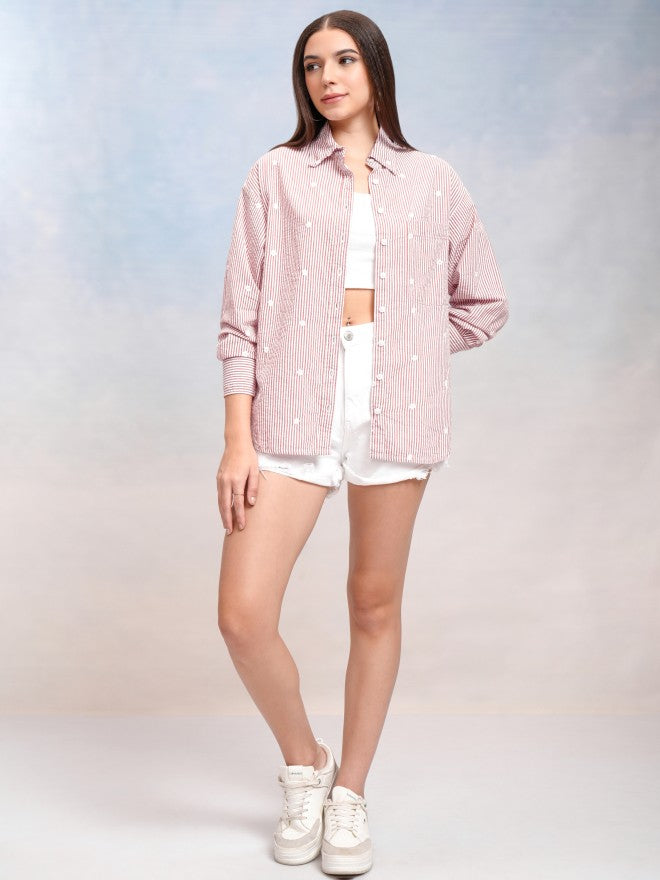 Tokyo Talkies Women Red Striped Oversized Fit Casual Shirt - Red - Image 2