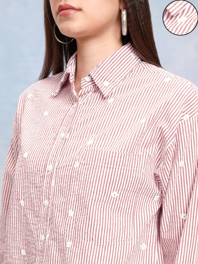 Tokyo Talkies Women Red Striped Oversized Fit Casual Shirt - Red - Image 5