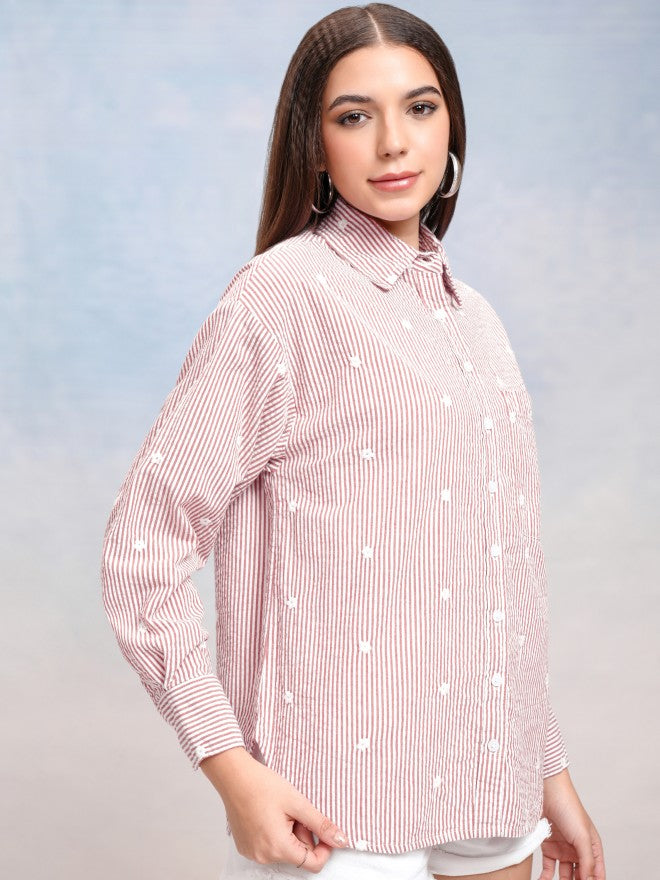 Tokyo Talkies Women Red Striped Oversized Fit Casual Shirt - Red - Image 6
