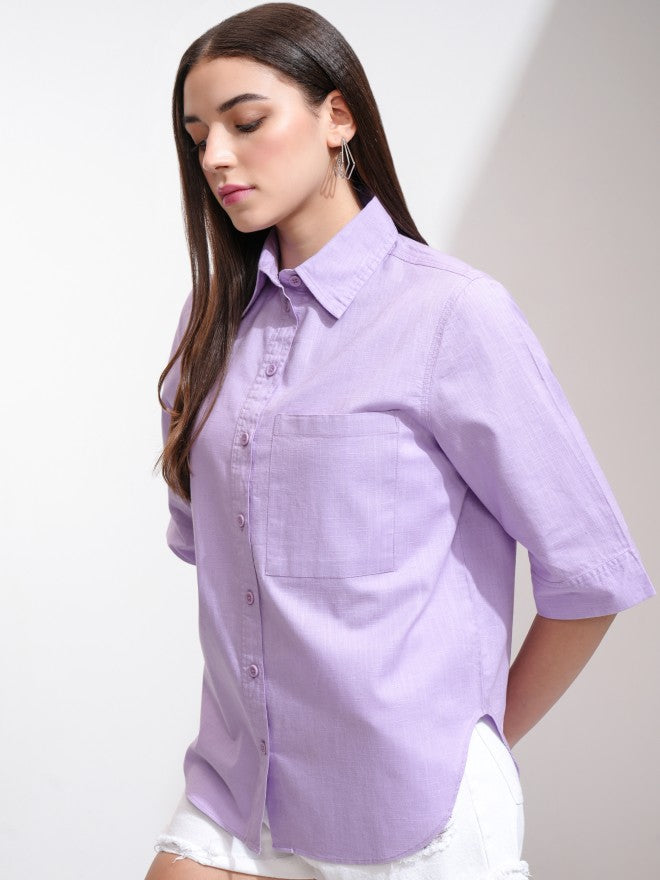 Tokyo Talkies Women Purple Solid Casual Shirt - Purple - Image 4
