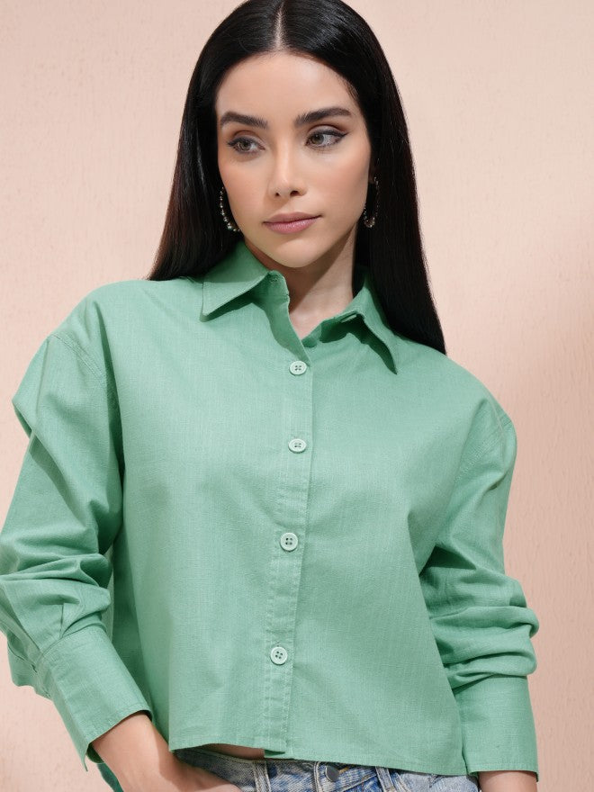 Tokyo Talkies Women Green Solid Regular Fit Casual Shirt - Green - Image 1