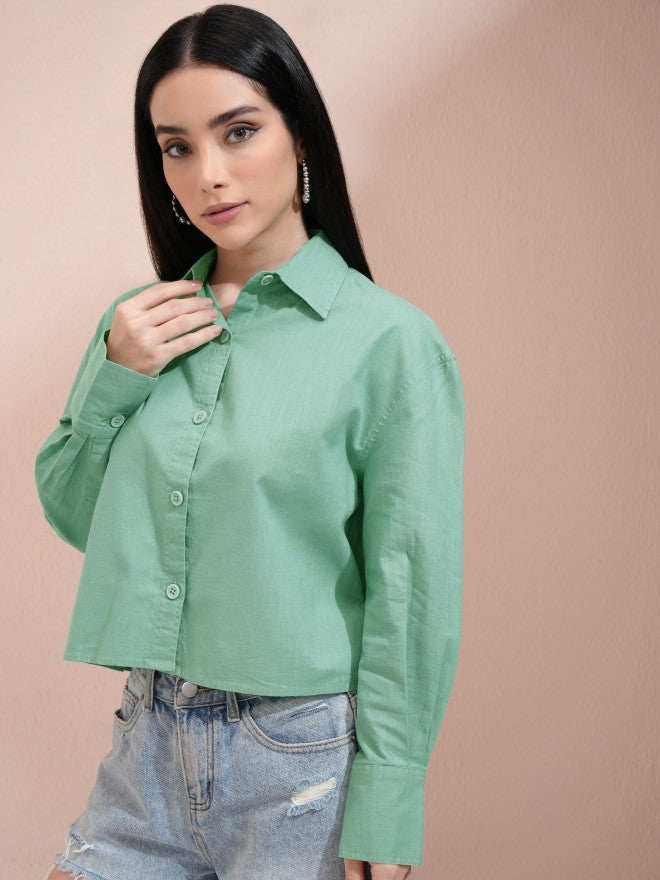 Tokyo Talkies Women Green Solid Regular Fit Casual Shirt - Green - Image 4