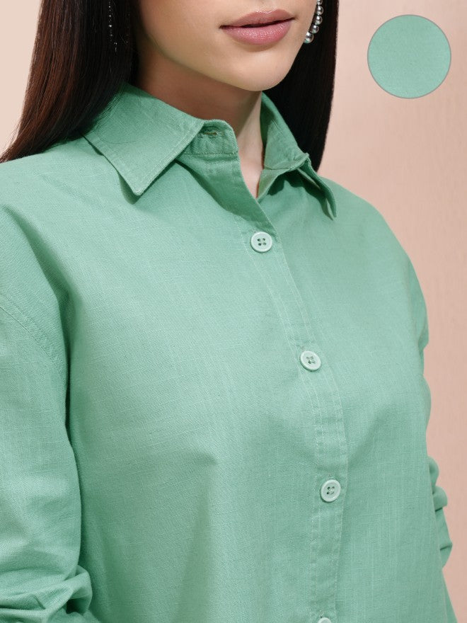 Tokyo Talkies Women Green Solid Regular Fit Casual Shirt - Green - Image 5