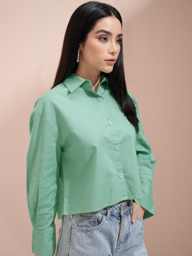 Tokyo Talkies Women Green Solid Regular Fit Casual Shirt - Green - Image 6
