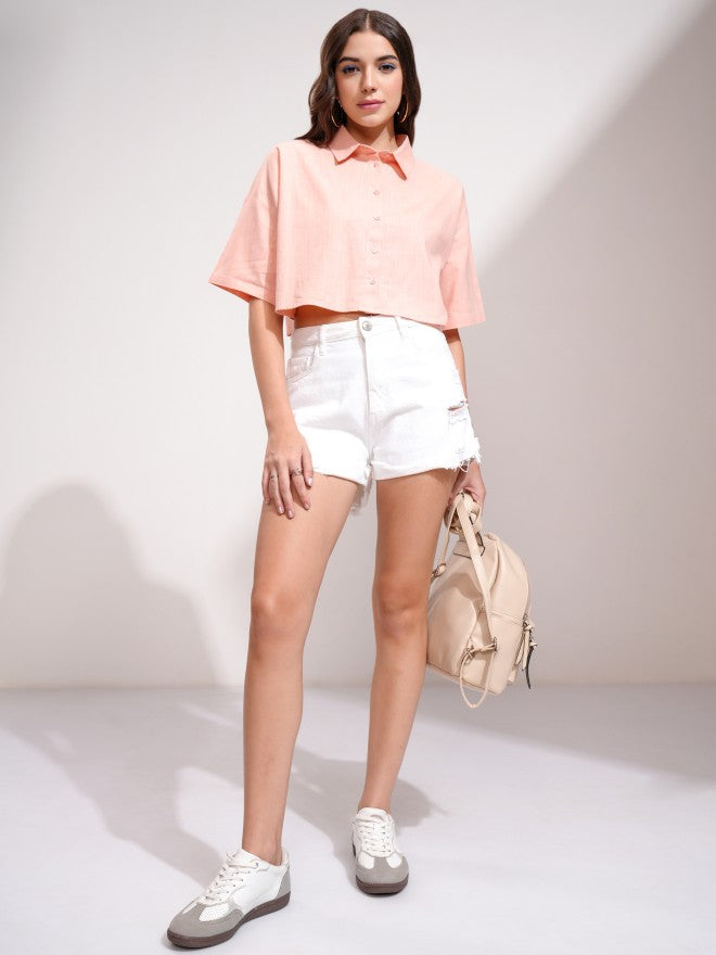 Tokyo Talkies Women Peach Solid Boxy Fit Casual Shirt - Peach - Image 2