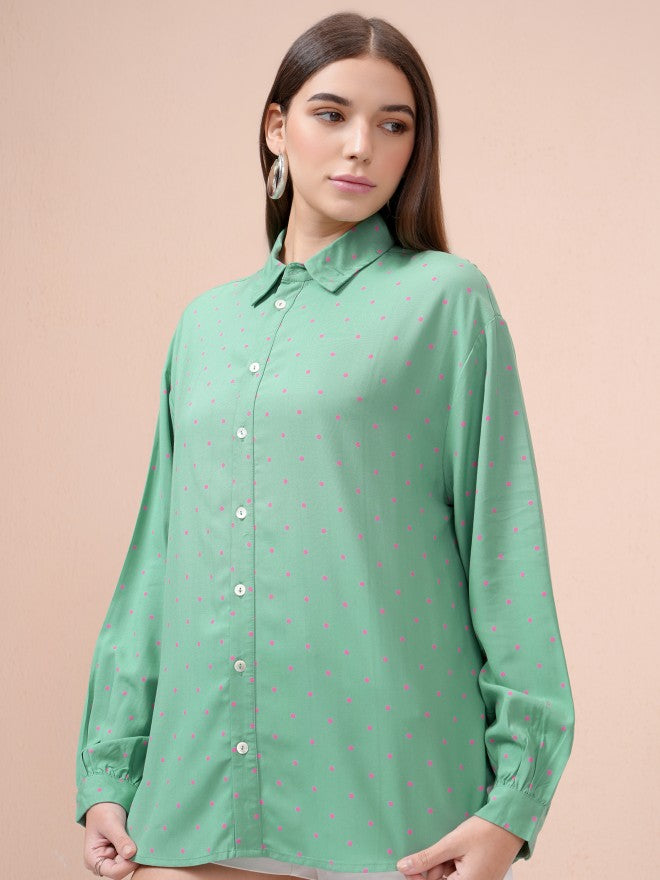 Tokyo Talkies Women Teal Printed Regular Fit Casual Shirt - Teal - Image 4