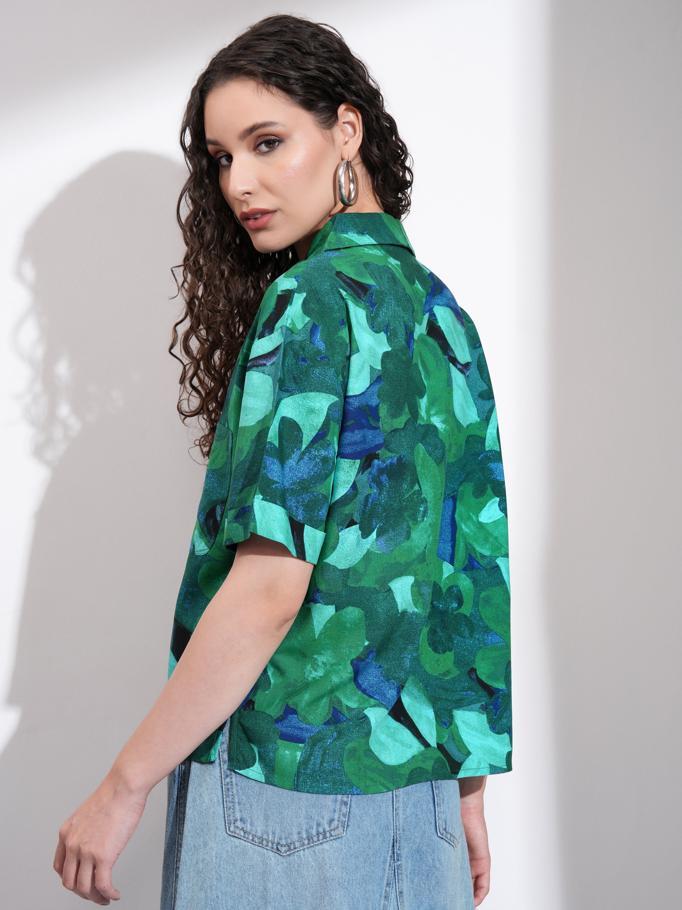 Tokyo Talkies Women Green Printed Casual Shirt - Green - Image 3