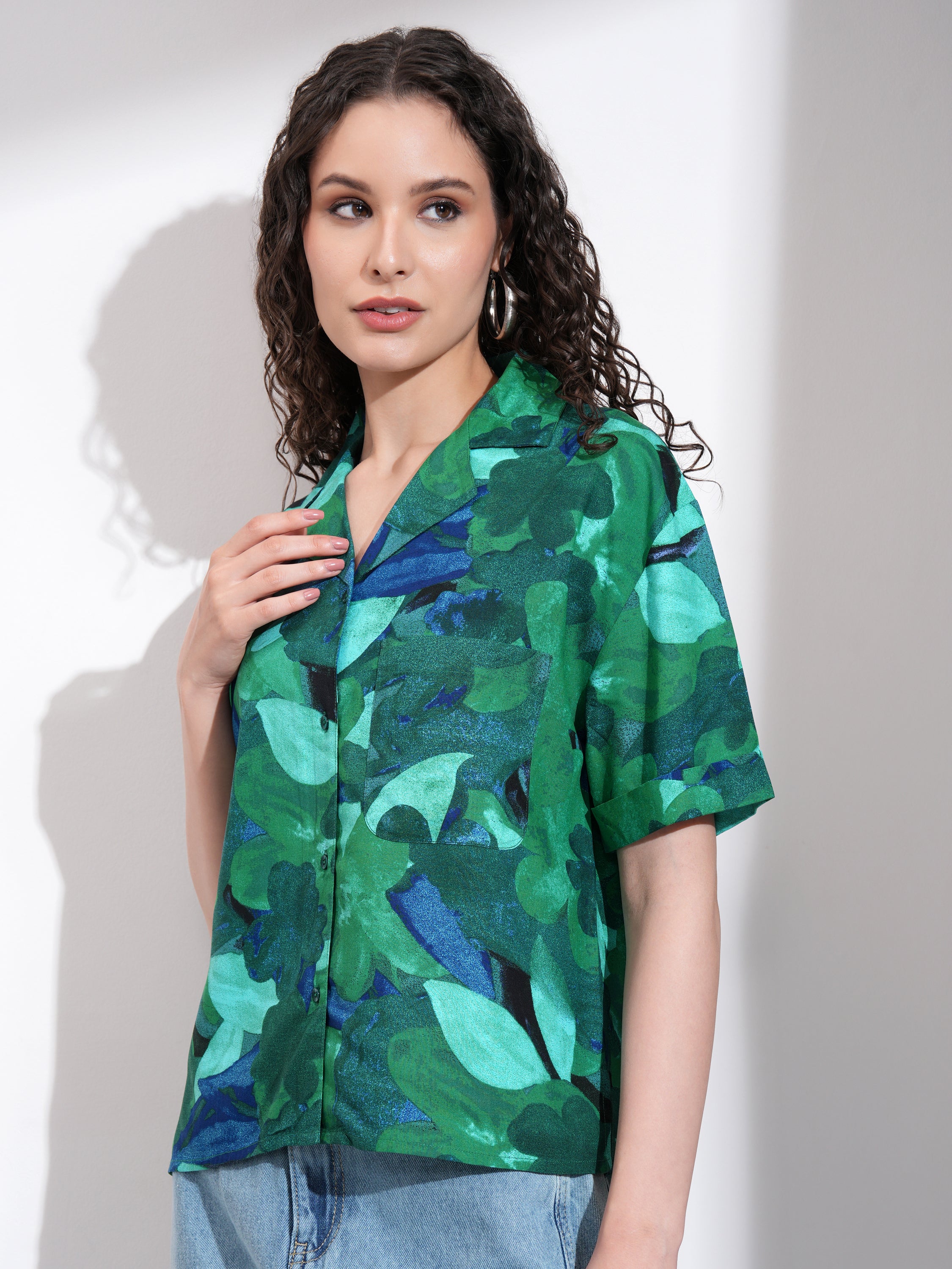 Tokyo Talkies Women Green Printed Casual Shirt - Green - Image 4