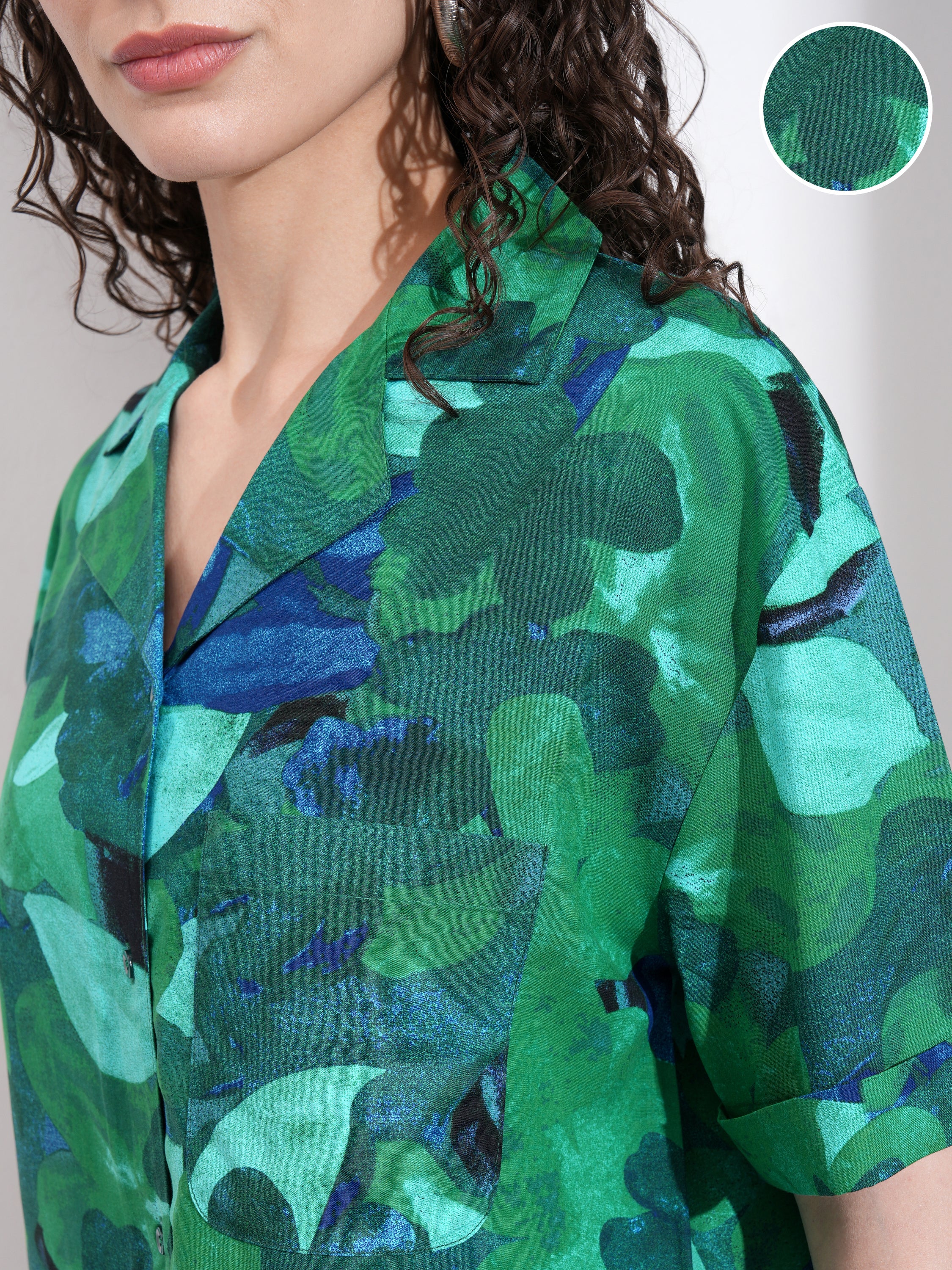 Tokyo Talkies Women Green Printed Casual Shirt - Green - Image 5
