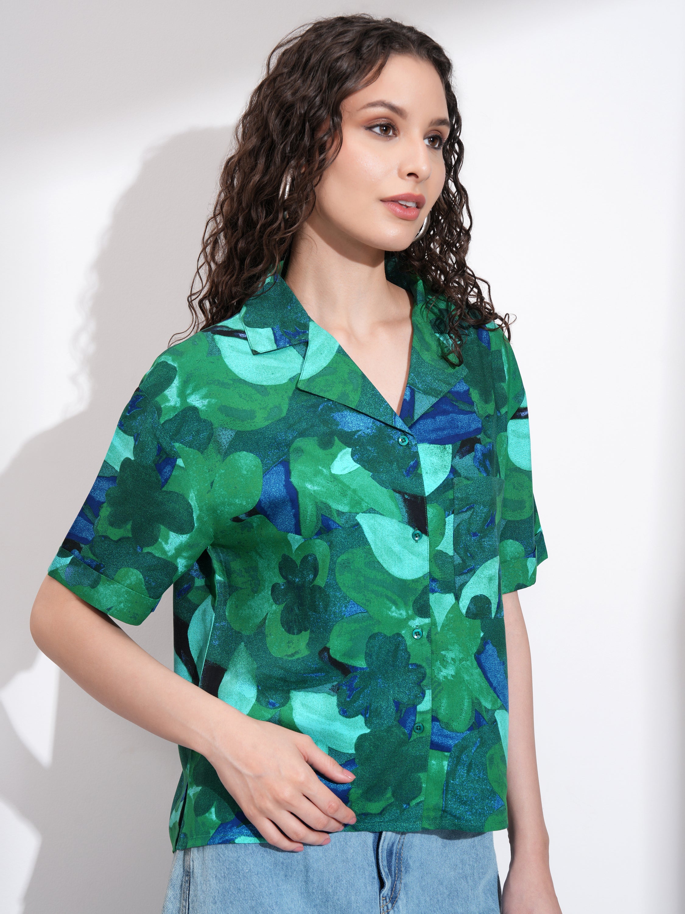 Tokyo Talkies Women Green Printed Casual Shirt - Green - Image 6
