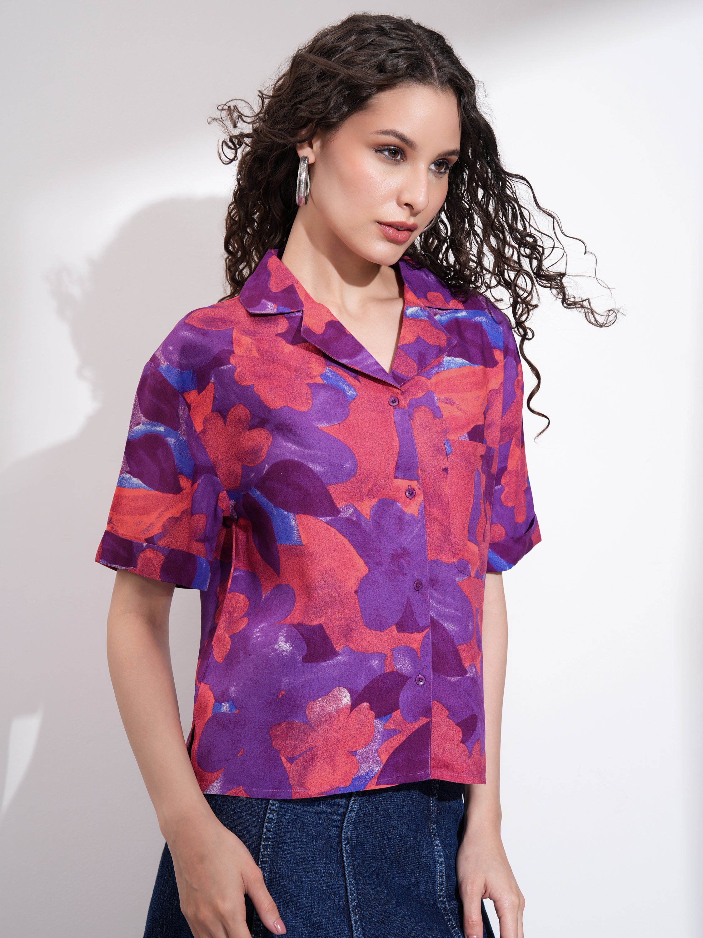 Tokyo Talkies Women Purple Printed Casual Shirt - Purple - Image 6