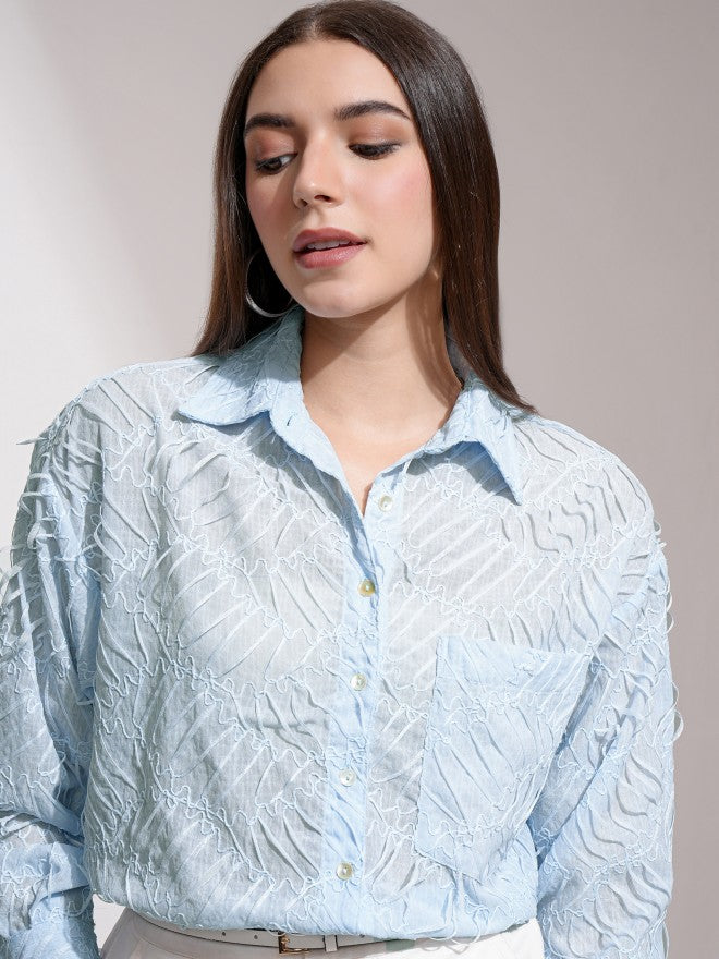 Tokyo Talkies Women Blue Self Design Casual Shirt - Blue - Image 1