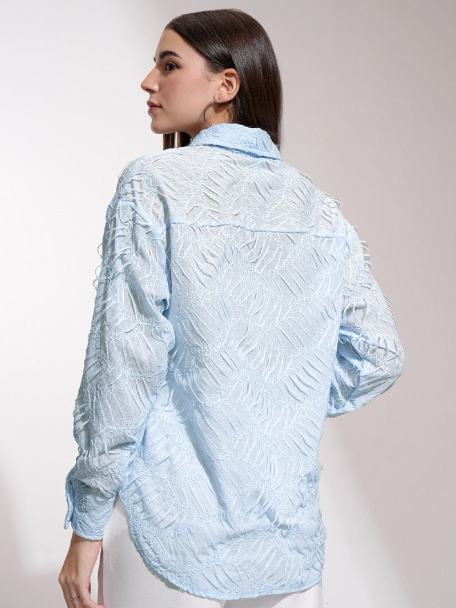 Tokyo Talkies Women Blue Self Design Casual Shirt - Blue - Image 3