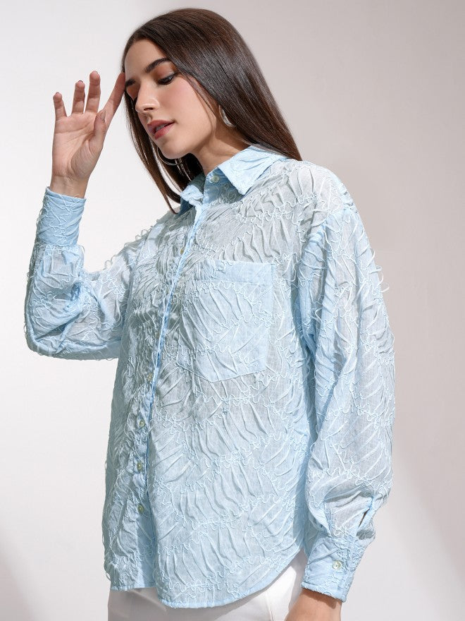 Tokyo Talkies Women Blue Self Design Casual Shirt - Blue - Image 4