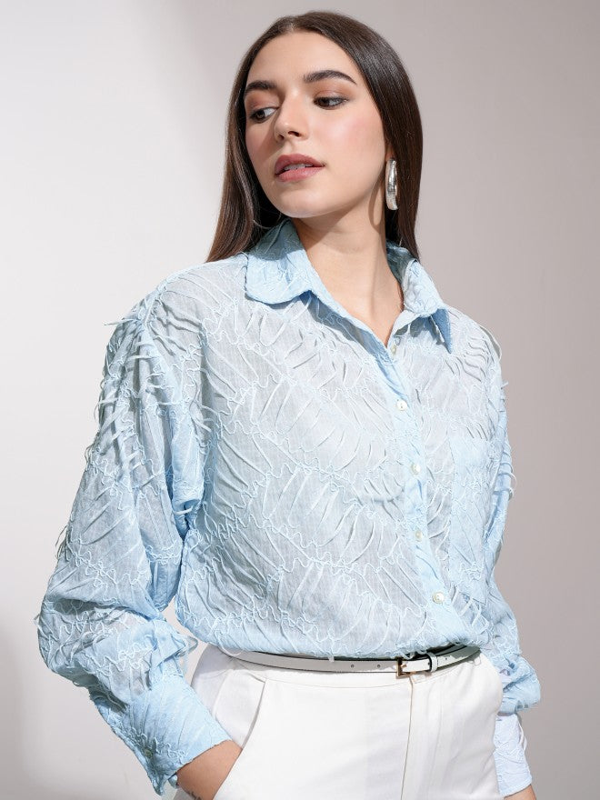Tokyo Talkies Women Blue Self Design Casual Shirt - Blue - Image 6