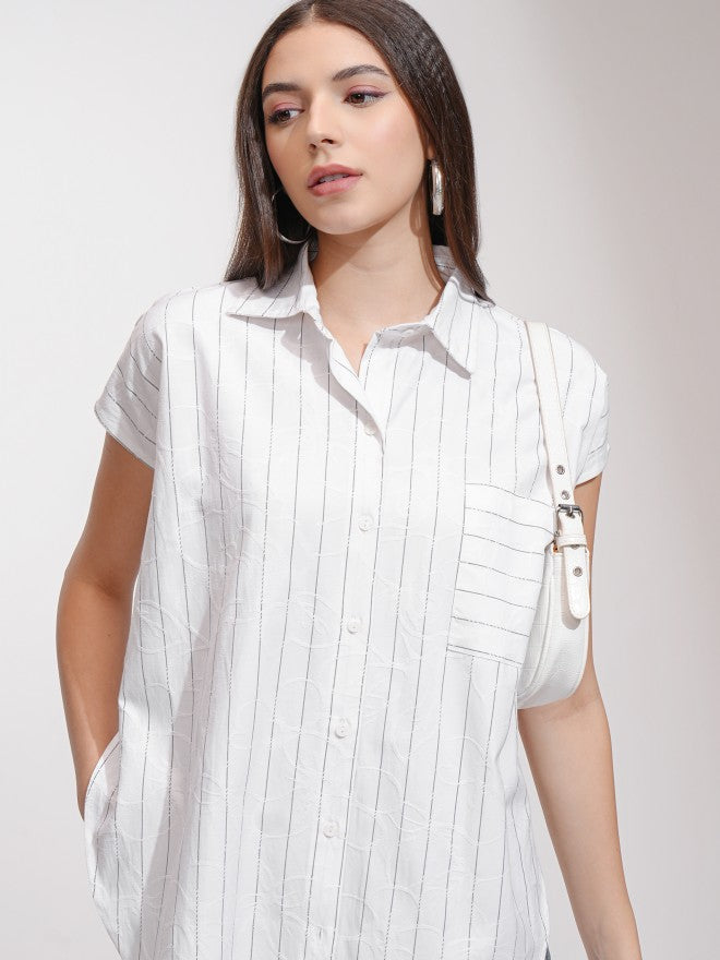 Tokyo Talkies Women White Striped Oversized Fit Casual Shirt - White - Image 1