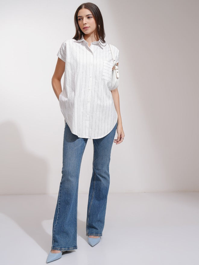 Tokyo Talkies Women White Striped Oversized Fit Casual Shirt - White - Image 2