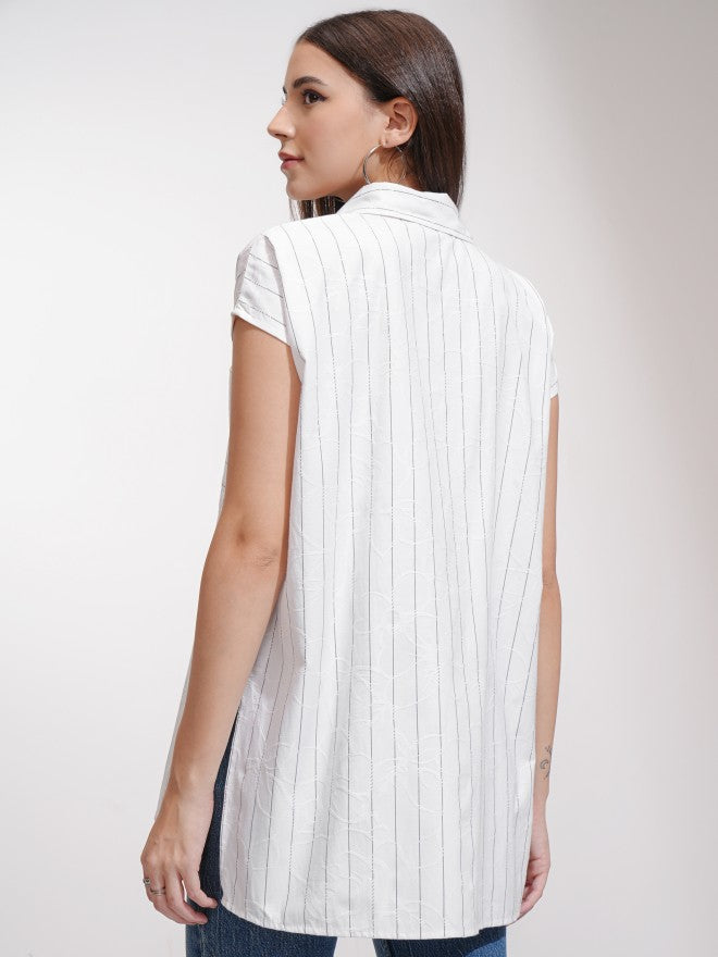 Tokyo Talkies Women White Striped Oversized Fit Casual Shirt - White - Image 3