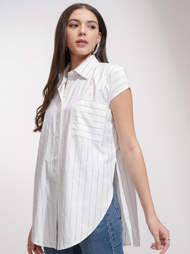 Tokyo Talkies Women White Striped Oversized Fit Casual Shirt - White - Image 4