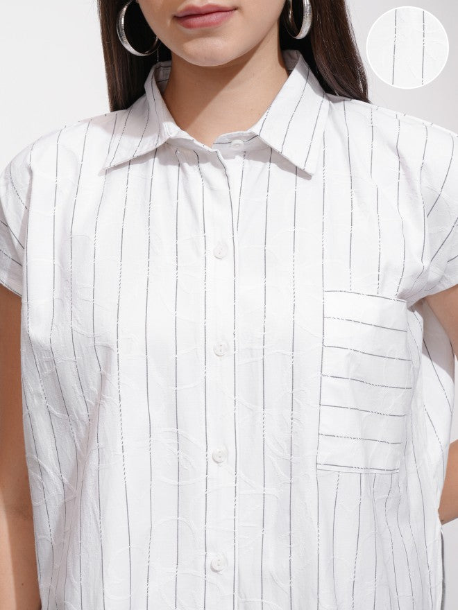 Tokyo Talkies Women White Striped Oversized Fit Casual Shirt - White - Image 5