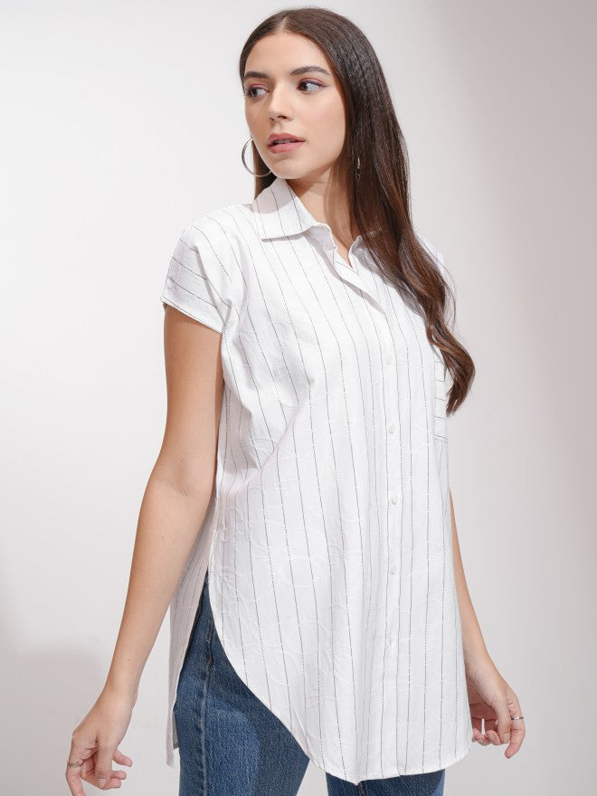 Tokyo Talkies Women White Striped Oversized Fit Casual Shirt - White - Image 6