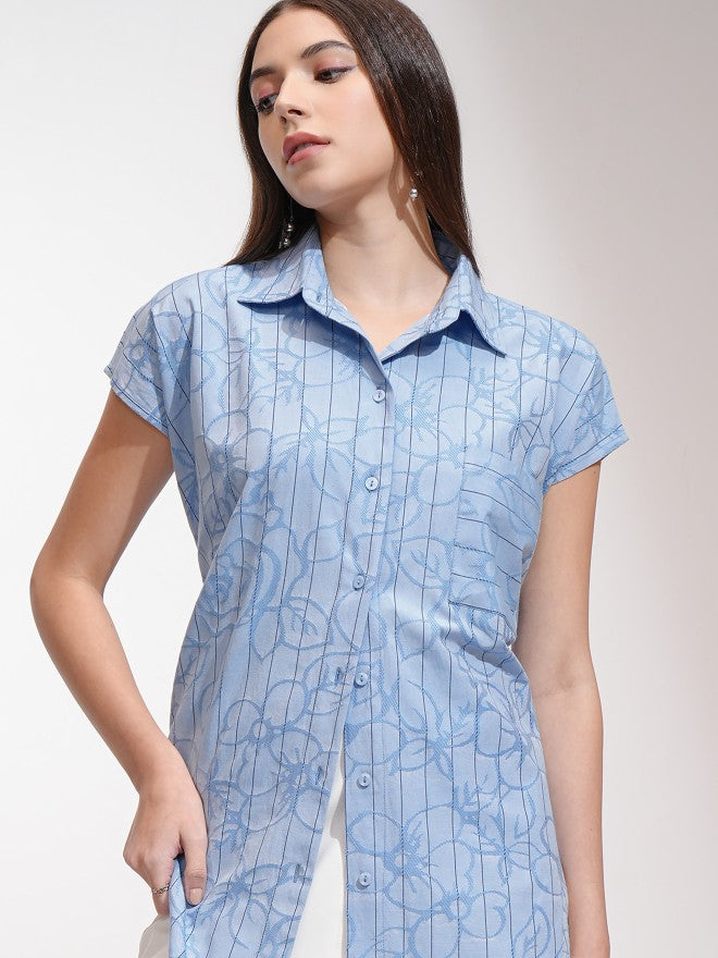 Tokyo Talkies Women Blue Striped Oversized Fit Casual Shirt - Blue - Image 1