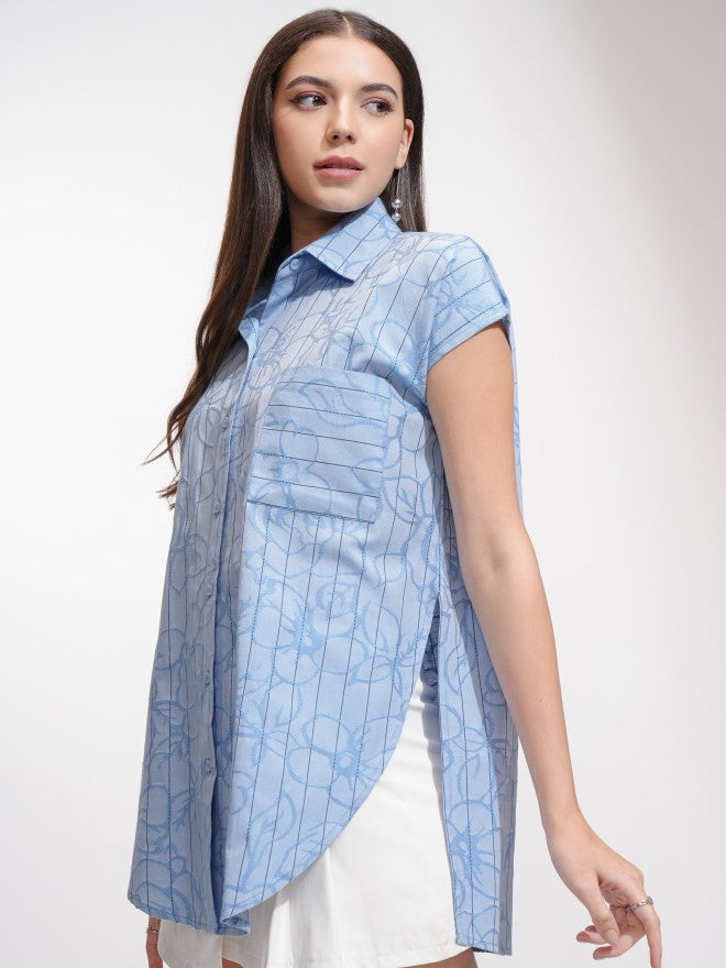 Tokyo Talkies Women Blue Striped Oversized Fit Casual Shirt - Blue - Image 4